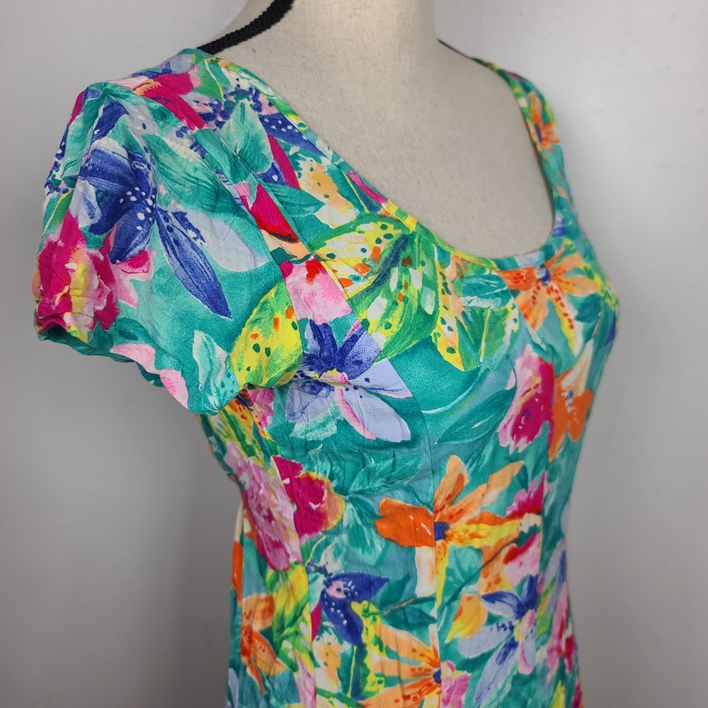 Vtg 80's/90's Jams World Bright Floral Tropical Print Back Tie Sash Midi Dress S - Picture 7 of 14